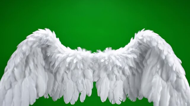 Majestic White Angel Wings with Fluffy Feathers on Green Screen Background ideal for VFX compositing, fantasy film production, and creative video editing.