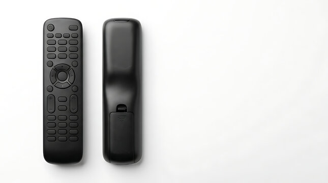 Black tv remote controls front and back views on white background
