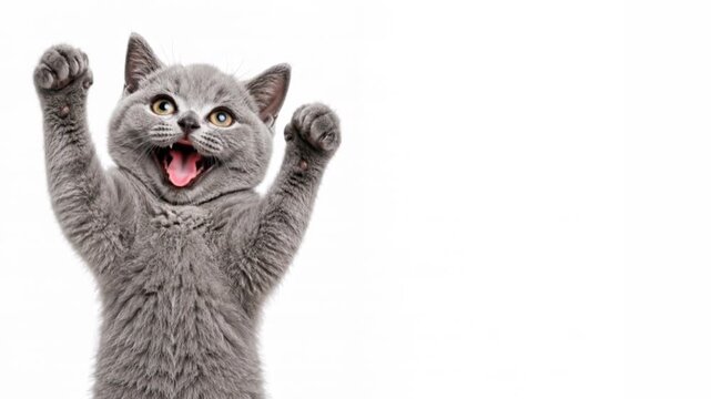 Success victory reaction gray cat cheering with copy space, horizontal video
