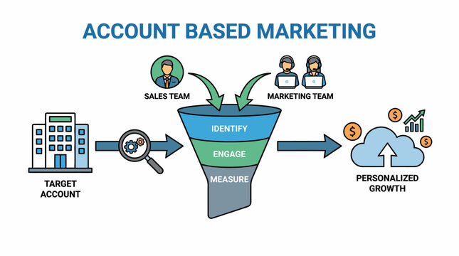 Account-based marketing (ABM) funnel diagram showing sales and marketing teams targeting accounts to drive personalized growth. Business strategy and B2B marketing concept illustration.