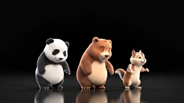 Cheerful Animated Trio Dancing Panda Brown Bear and Squirrel Characters Waving on Black Background ideal for children's educational content and perfect for playful brand storytelling.