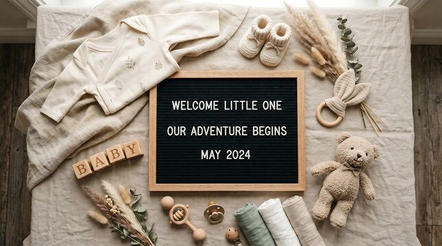 A cozy, rustic flat lay arrangement showcases a letter board announcing 'WELCOME LITTLE ONE OUR ADVENTURE BEGINS MAY 2024' surrounded by soft baby clothes, tiny booties, natural pampas grass