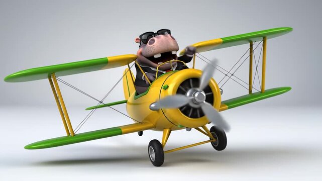 Funny Hippo Pilot 3D animated hippopotamus wearing sunglasses flying a yellow vintage biplane on a grey background ideal for children's entertainment and humorous advertisements.