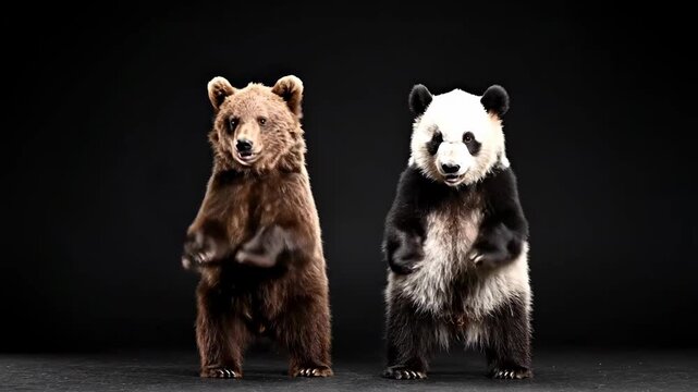Playful Bear and Panda Interaction standing on hind legs against a black background ideal for wildlife conservation campaigns or creative storytelling.