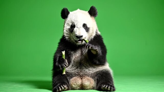 Adorable Giant Panda sitting and holding bamboo stalks against a chroma key green screen background ideal for wildlife documentaries, educational videos, and VFX compositing projects.