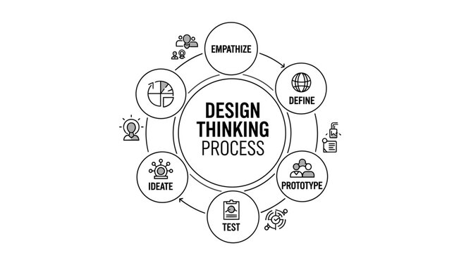 Design thinking process infographic cycle with line icons for empathize, define, ideate, prototype, and test. Business strategy framework diagram.
