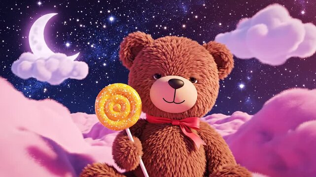 Whimsical Teddy Bear in Dreamland sitting on pink fluffy clouds under a starry night sky with a crescent moon ideal for children's bedtime stories and fantasy animations.