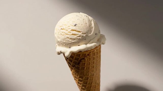 A single scoop of creamy vanilla ice cream sits inside a crispy waffle cone
