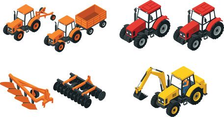 Isometric illustration set of agricultural and construction machinery including tractors, plows, trailers, and excavators for farming and industrial design © MstMunmun