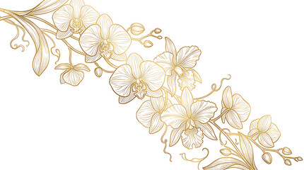 Fototapeta premium Elegant golden orchid floral line art illustration on white background