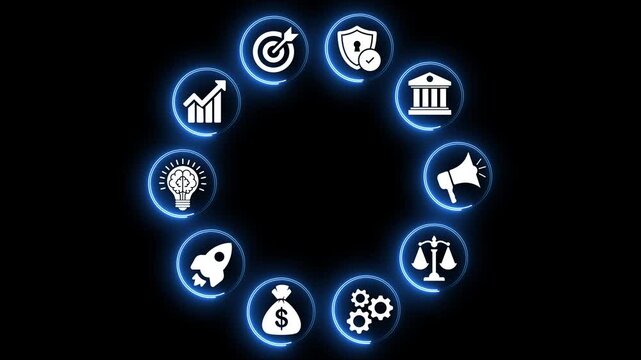 Business icons set with glowing blue light circles loop animation.