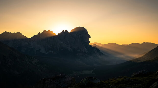 Golden sunrise over mountain peak resembling a human face profile