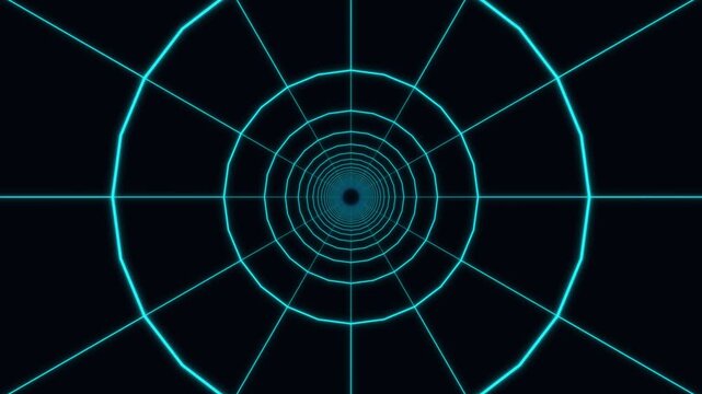 Neon blue wireframe grid tunnel zoom on black background