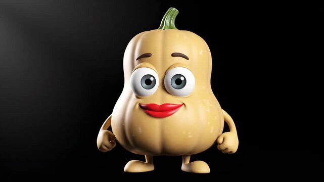Cheerful Butternut Squash Character 3D animated vegetable with big eyes and red lips smiling on black background ideal for children's educational content or healthy eating campaigns.