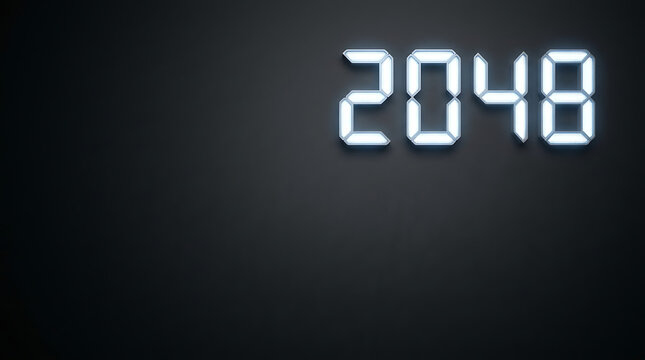 Digital year 2048 displayed in glowing white numbers on dark wall