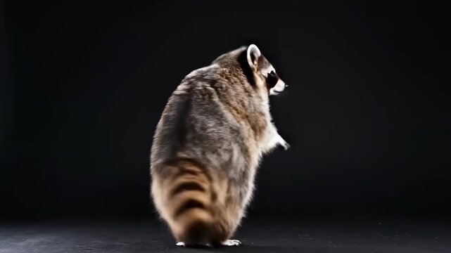 Funny Dancing Raccoon standing on hind legs waving paws against a black studio background ideal for viral social media memes and perfect for humorous animal-themed video projects.