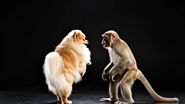 Funny Dancing Duo featuring a fluffy Pomeranian dog and a monkey standing on hind legs against a black studio background, ideal for viral social media content and humorous advertising.
