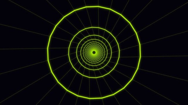Neon green wireframe tunnel morphing through geometric shapes