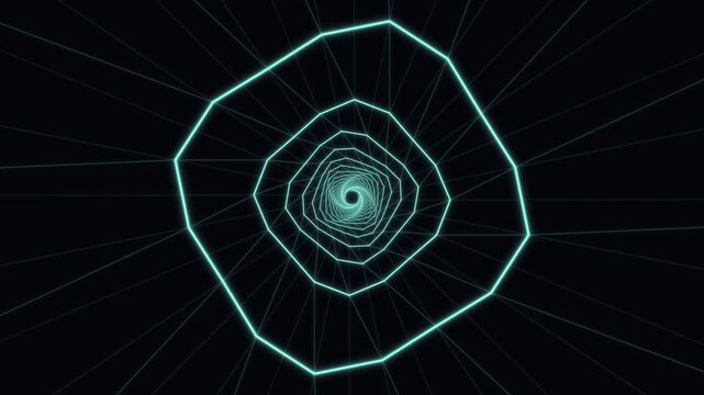 Neon cyan wireframe tunnel zooming into a dark vortex