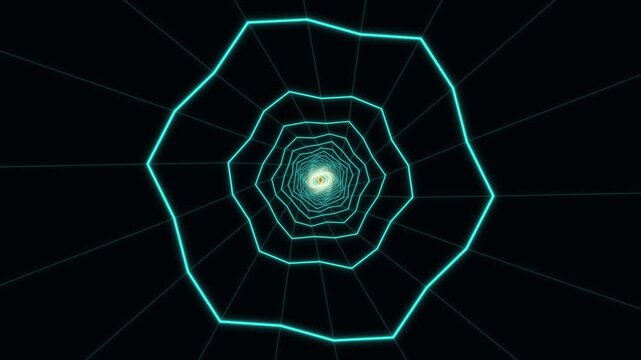 Futuristic neon cyan wireframe tunnel receding into a bright portal