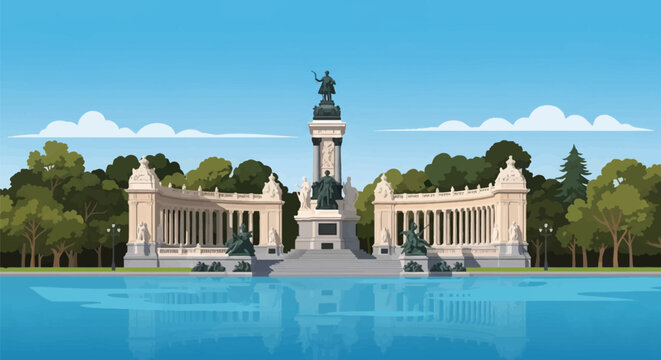 Vector illustration of the Monument to Alfonso XII in Buen Retiro Park, Madrid, Spain, featuring the large semicircular colonnade and equestrian statue reflected in the lake water.