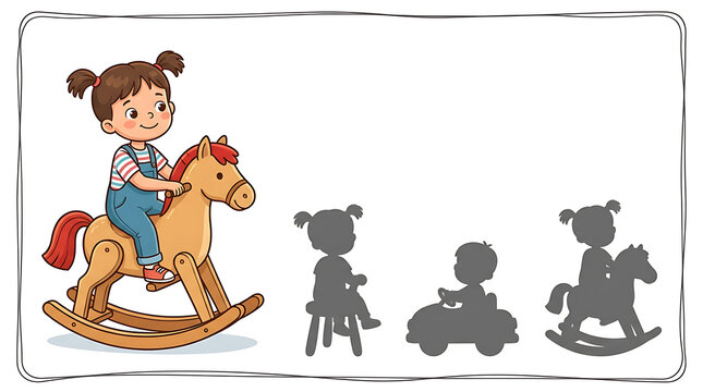 Little girl on rocking horse for shadow matching game activity