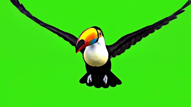 Majestic Toco Toucan Flying with vibrant orange beak and black feathers on green screen background ideal for nature documentaries and tropical-themed video editing.