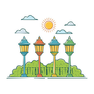 Four colorful street lamps in a park setting