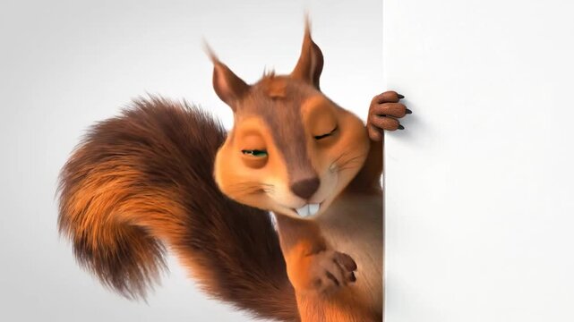 Cheerful 3D Animated Squirrel Peeking Behind Blank Board, friendly brown squirrel character with bushy tail smiling next to white copy space ideal for children's educational content and.