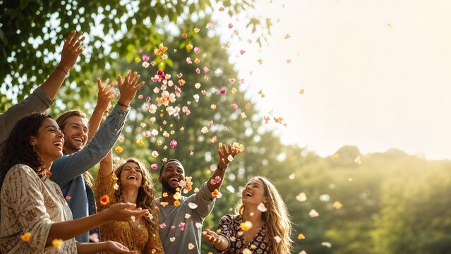 Photo Group of Friends Throwing Flower Petals for Happy Outdoor Wedding Banner, Summer Garden Party Layout, and Warm Sunlight Background