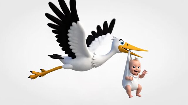 Whimsical 3D animated stork flying while carrying a smiling newborn baby in a white bundle against a clean background, ideal for baby shower invitations and maternity announcements.