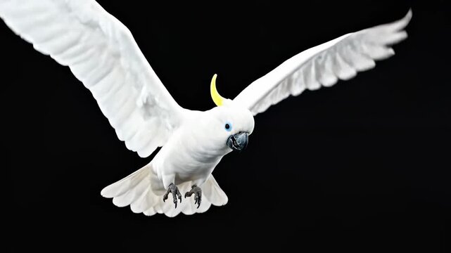 Majestic White Cockatoo in Flight with wings spread wide against a solid black background ideal for wildlife documentaries, nature education, and cinematic bird footage.