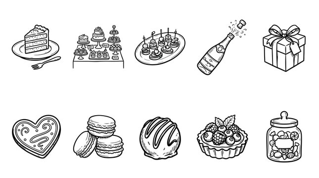 Set of hand drawn celebration party dessert icons.