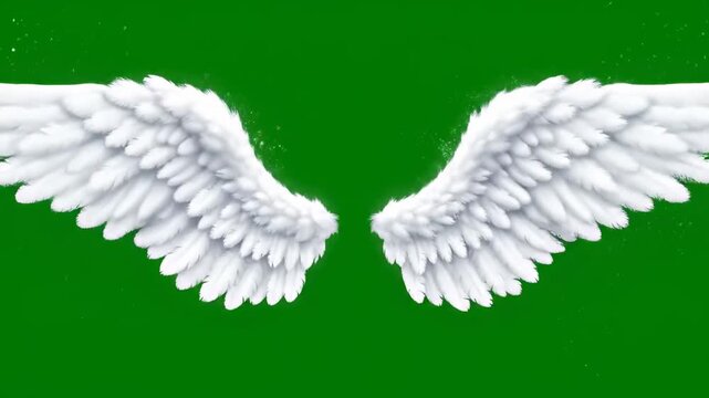 Majestic White Angel Wings Fluffy Feathered Wings Isolated on Chroma Key Green Screen Background Ideal for VFX Compositing and Fantasy Film Editing.