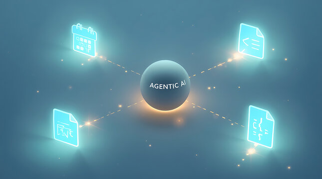 Futuristic Agentic AI Sphere with Glowing Particle Trails and Productivity Icons