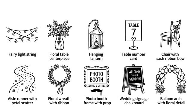 Set of Hand Drawn Wedding Decoration and Event Planning Icons.