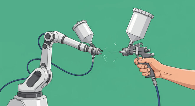 Vector illustration depicting a side-by-side comparison between an industrial robotic arm with a spray paint attachment and a human hand holding a manual paint spray gun on green background.
