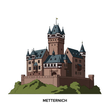 Vector illustration of Metternich Castle in Beilstein, Germany. A medieval fortress with central keep, turrets, half-timbered walls, set on a green hill against a white background.