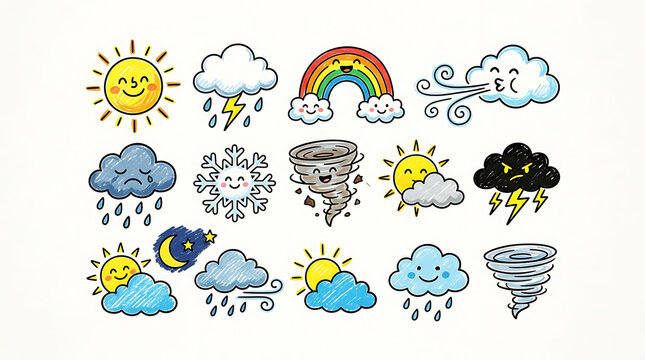Cute hand drawn weather icons with expressive cartoon faces