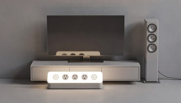 Minimalist 3D illustration of a glowing surge protector with power icons softly illuminated behind a sleek flatscreen TV and speaker tower in a tidy home setup