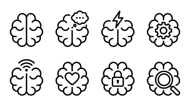 Set of human brain icons representing various mental functions and cognitive concepts.