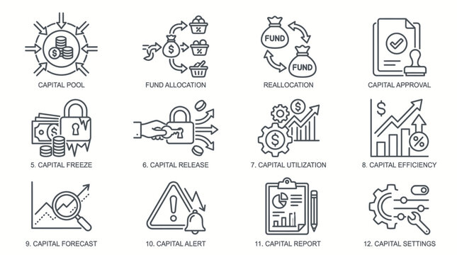 Set of line art business capital and financial management icons.