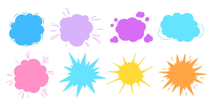 Comic speech bubble explosion burst and retro cloud of thought set. Cartoon boom bang blast effects, fire dynamite clouds, doodle speech bubbles, energy sparks and pop art stencil silhouettes Vector