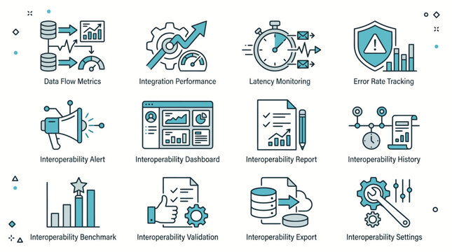 Set of line icons representing data interoperability and system integration.