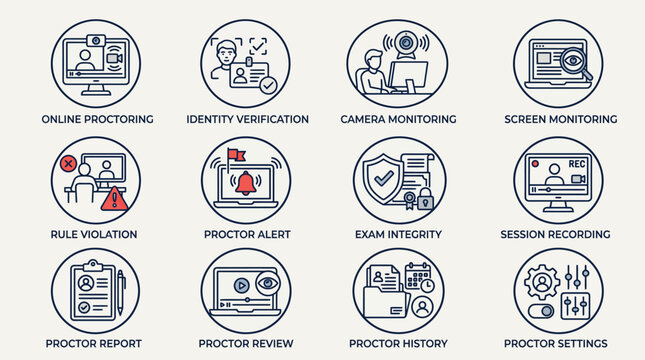 Set of online proctoring and exam monitoring service line icons.