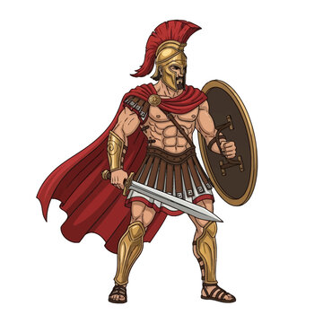 Muscular ancient Greek Spartan warrior vector illustration featuring a red crested helmet, golden armor, xiphos sword, and round hoplite shield isolated on white background.