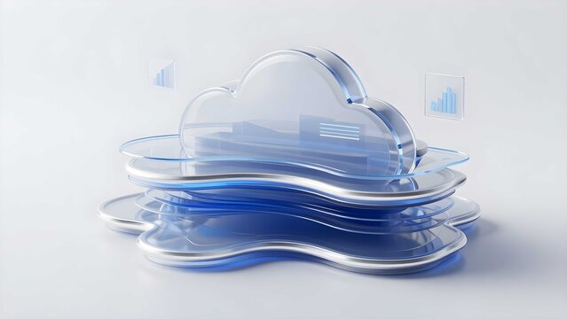 3D abstract cloud computing concept with transparent glass structures, data servers, and financial charts on a clean white background