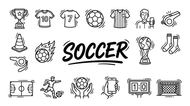 Black and White Soccer Icons and Symbols Illustration with Various Football Elements and Accessories