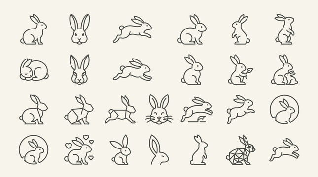 Set of outline icons featuring various cute rabbit poses and silhouettes.