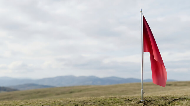 Red flag on a metal pole in a vast rural landscape